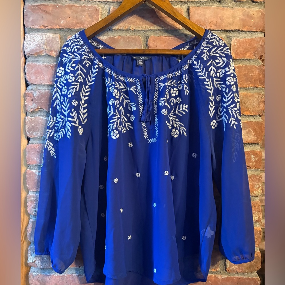 American Eagle Outfitters Royal Blue Embroidered Peasant Blouse